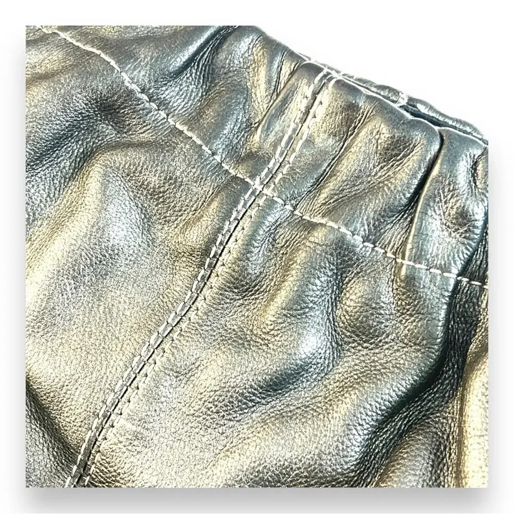 TALBOTS Metallic Gray Leather Hobo Shoulder Bag with Silver Tone Hardware
